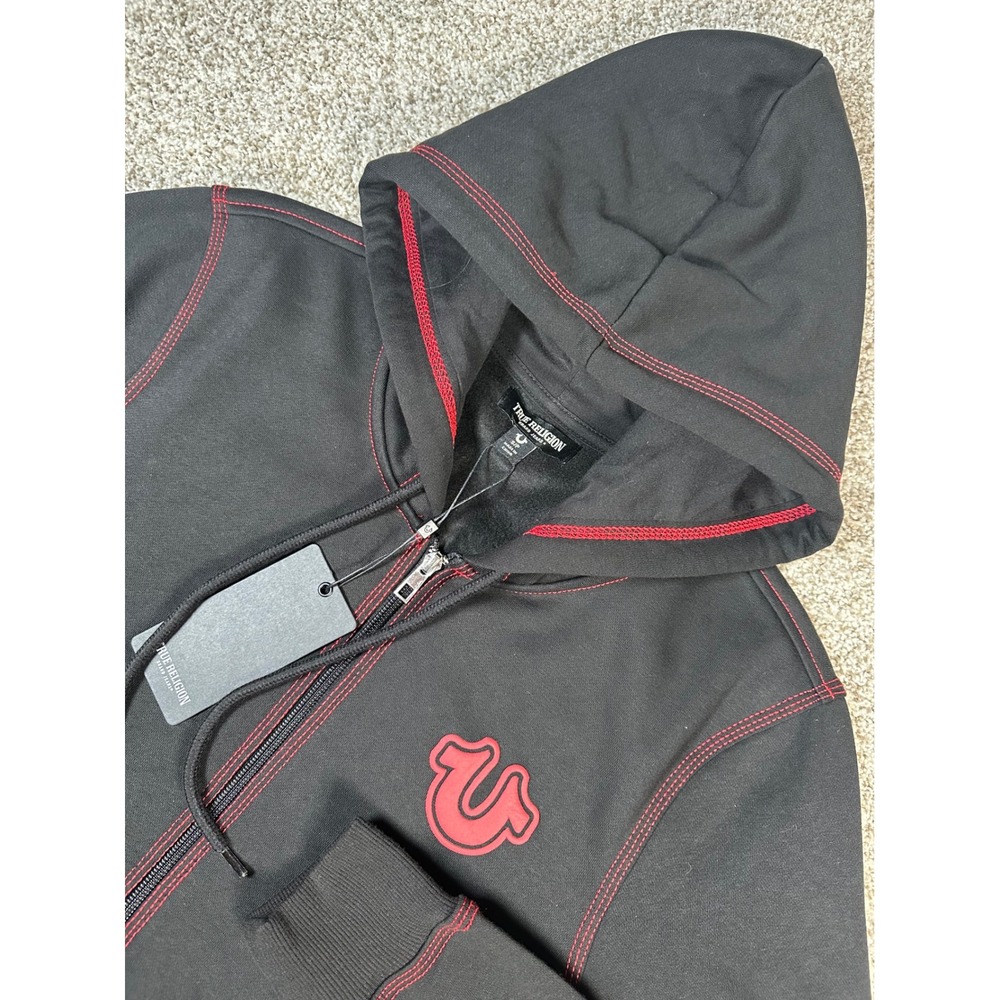 True Religion Mens TNL Puff Buddha Zip Hoodie Jet Black Red Stitch 701039 S
